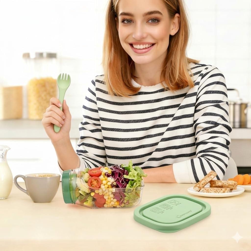 Portable Salad Jar With Side Access Leak-Proof Food Storage Container With Sauce Compartment Lid And Spoon For Outdoor Picnic BBQ For Renters Young Families Home Cooks