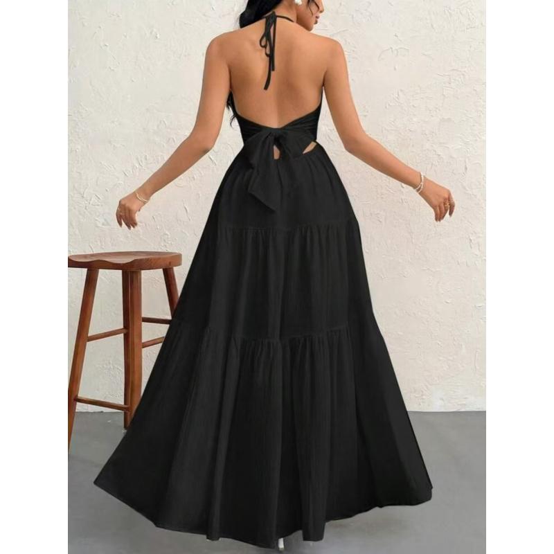 Solid Color Elegant Halter V-Neck Sexy Backless French-Style Temperament Maxi Dress