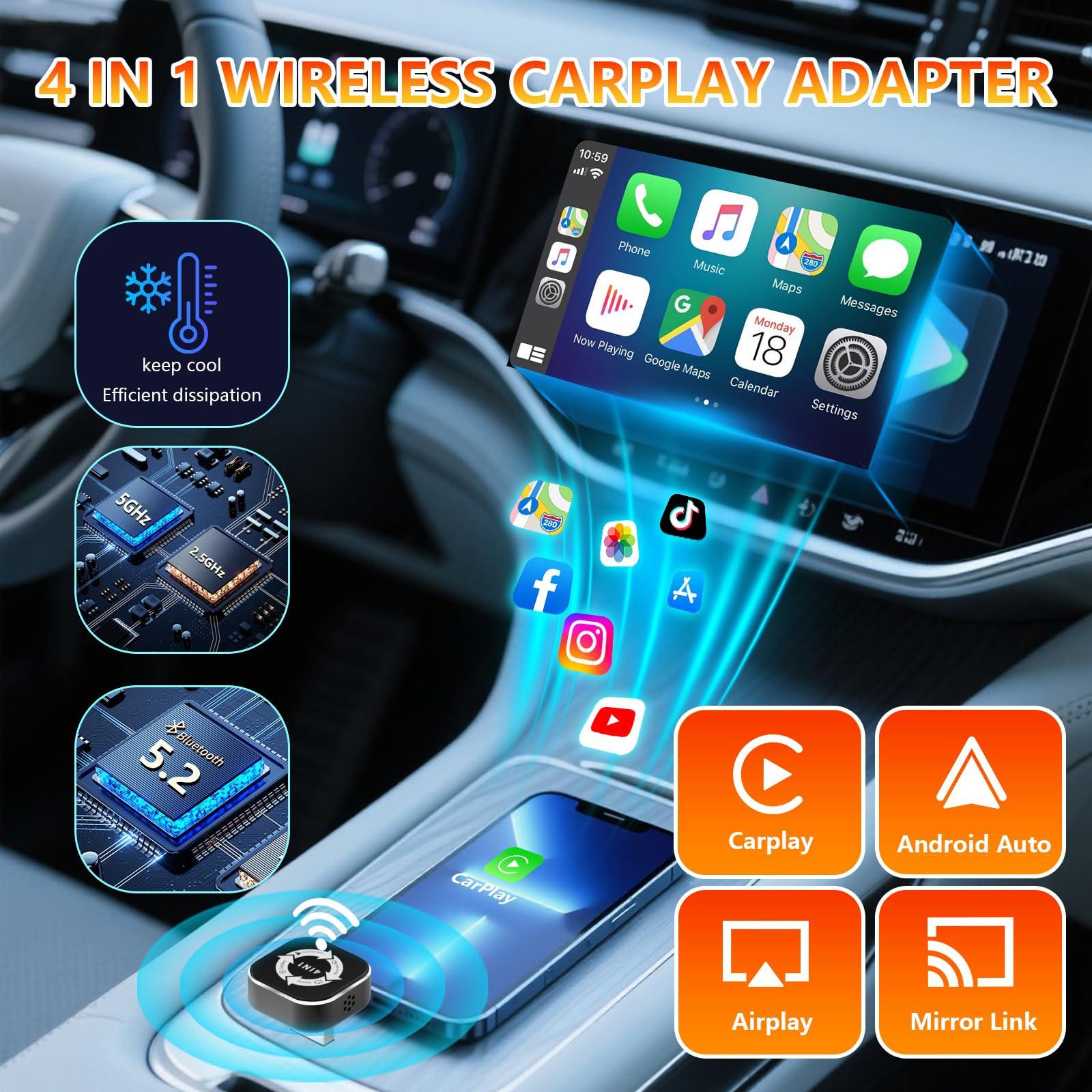 2026 New 4-in-1 CarPlay Wireless Adapter - iPhone/Android Compatible | Fast Connection, Hands-Free Calling, AirPlay, Mirror Link, Netflix, Youtube type-c adapter Bluetooth 5.0 fast transmission, ultra-HD stereo sound