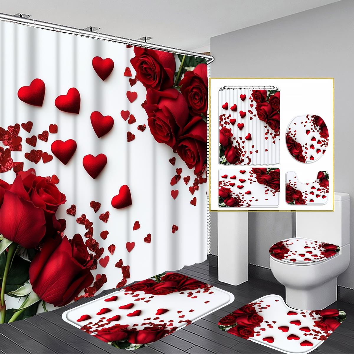 1/4PCS Heart Rose Shower Curtain Set, 71x71 Inches, Includes Background Pattern, Comes with 12 Hooks, 1/4pcs Options