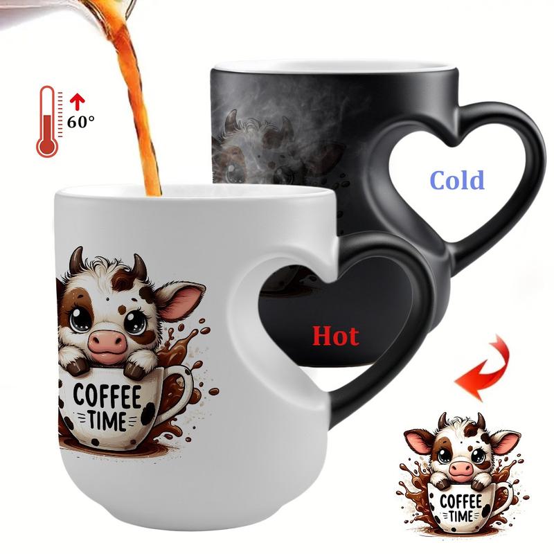1pc Highland Cow Coffee Time - Color Changing Ceramic Mug - Hot/Cold Thermochromic Design, Heart-Shaped  Reusable Coffee Cup, Birthdays - Perfect Gift for Valentine's Day, Easter, Mother's Day, Coffee Mugs