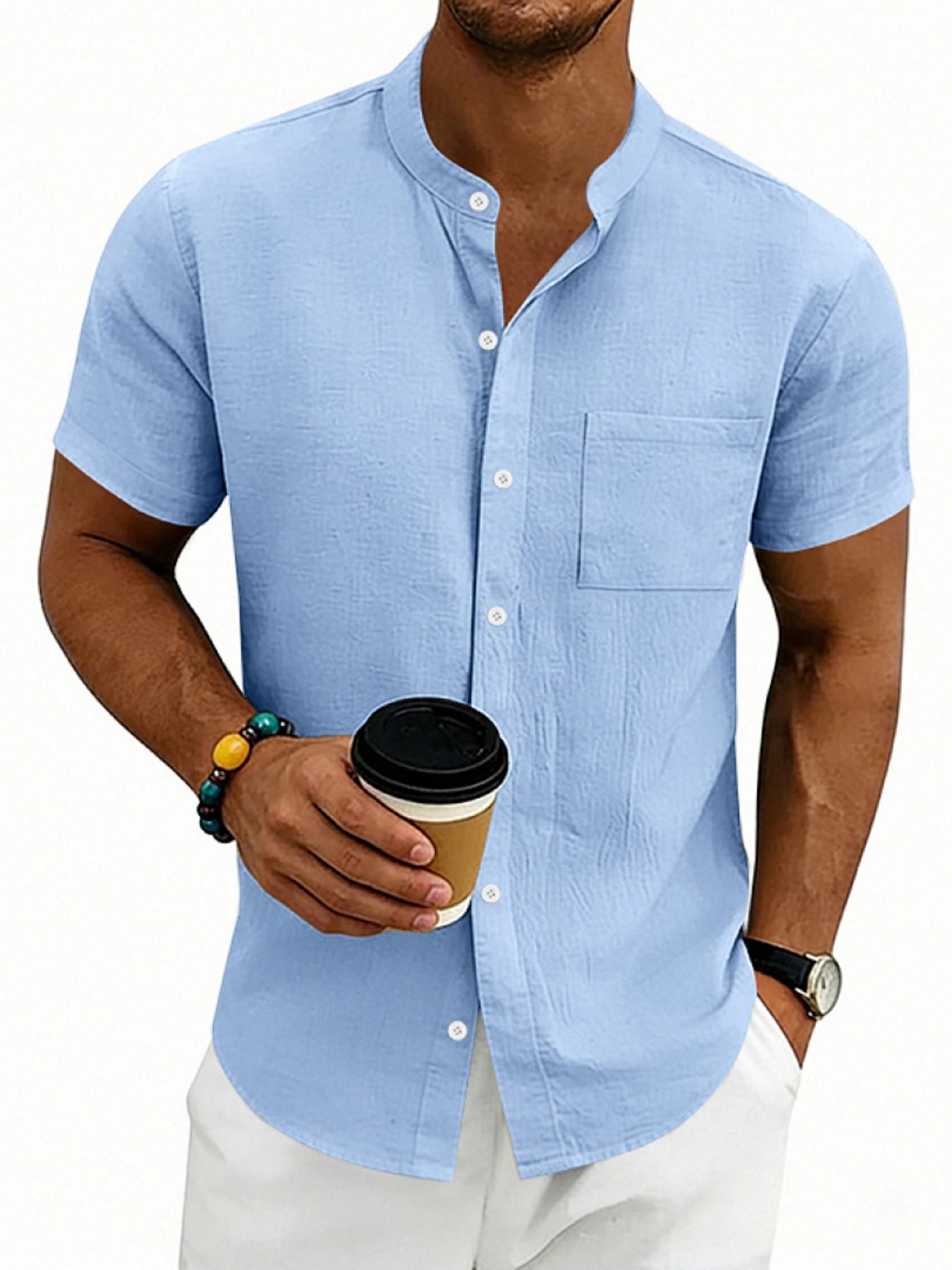 Men's Hawaiian Style Linen Short Sleeve Shirt, Casual Stand Collar Summer Top, Retro Design for Men, Comfortable and Stylish