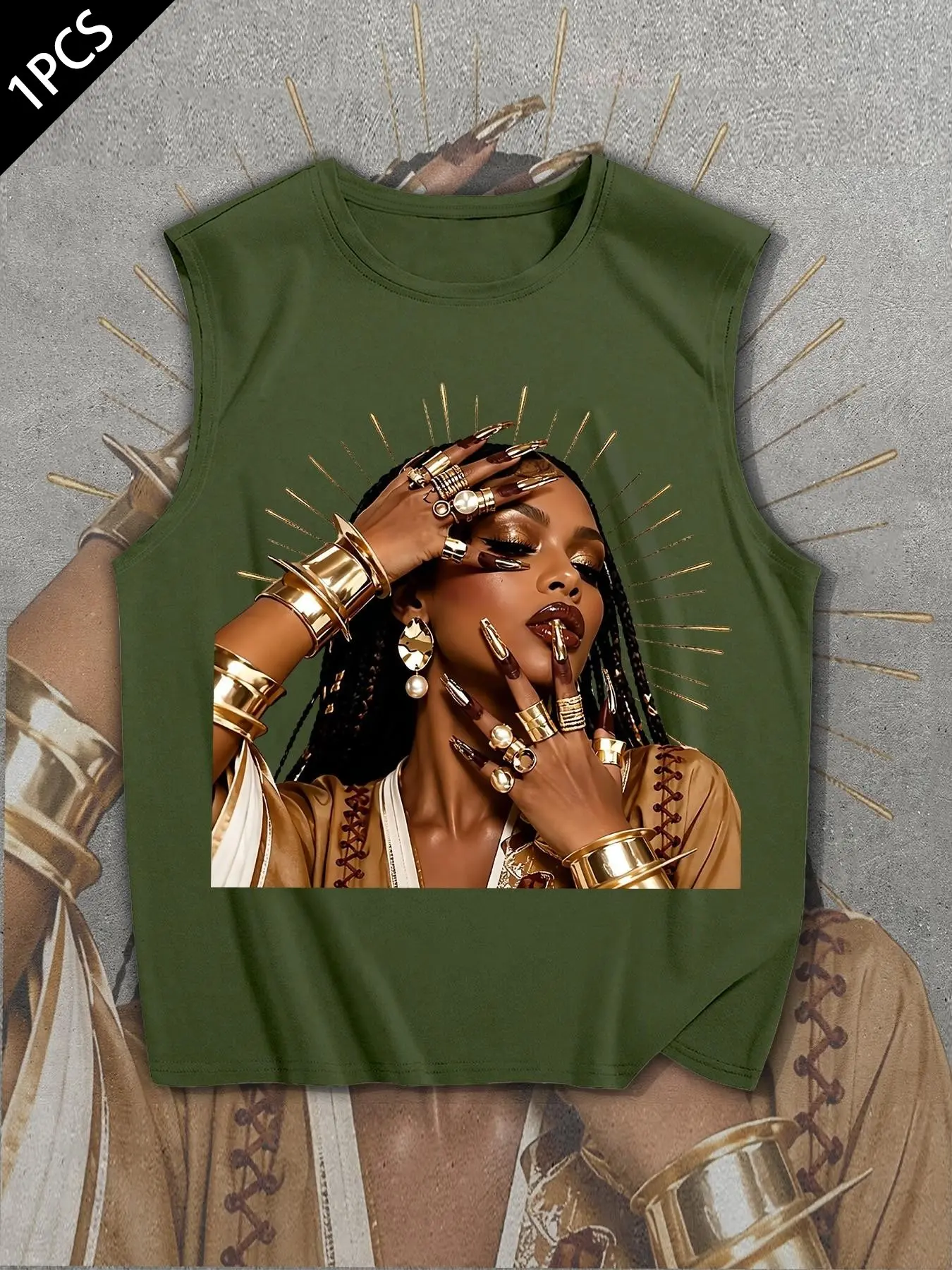 Egyptian Queen Print Sleeveless T-Shirt, Loose Fit Casual Top, Unisex Street Style, Breathable Summer Wear, Fashion Essential