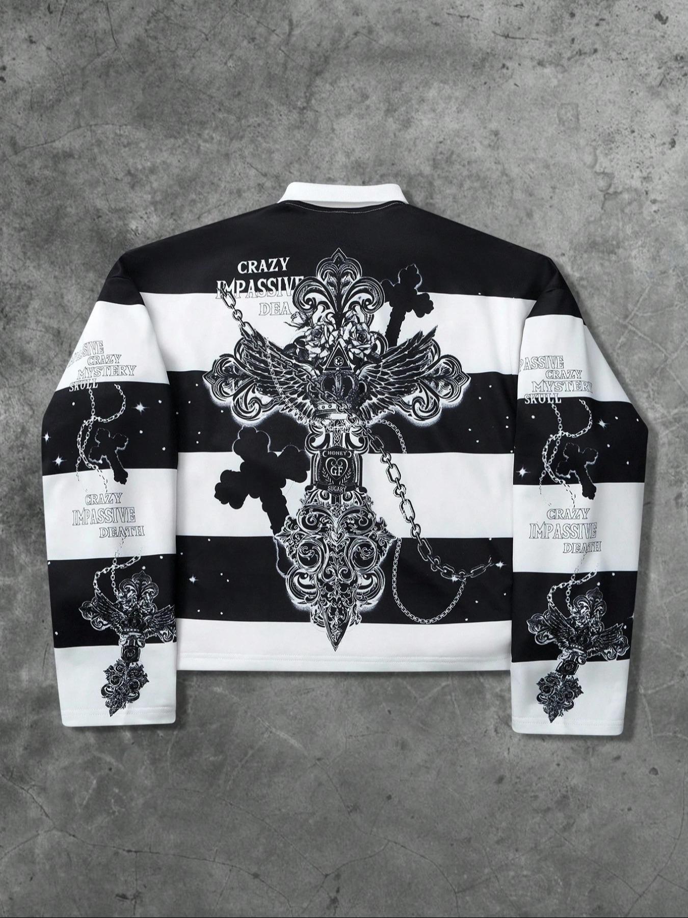 Men’s Gothic Saint Graphic 2-Piece Set – Striped Long Sleeve Polo & Loose Fit Shorts | Dark Streetwear Outfit