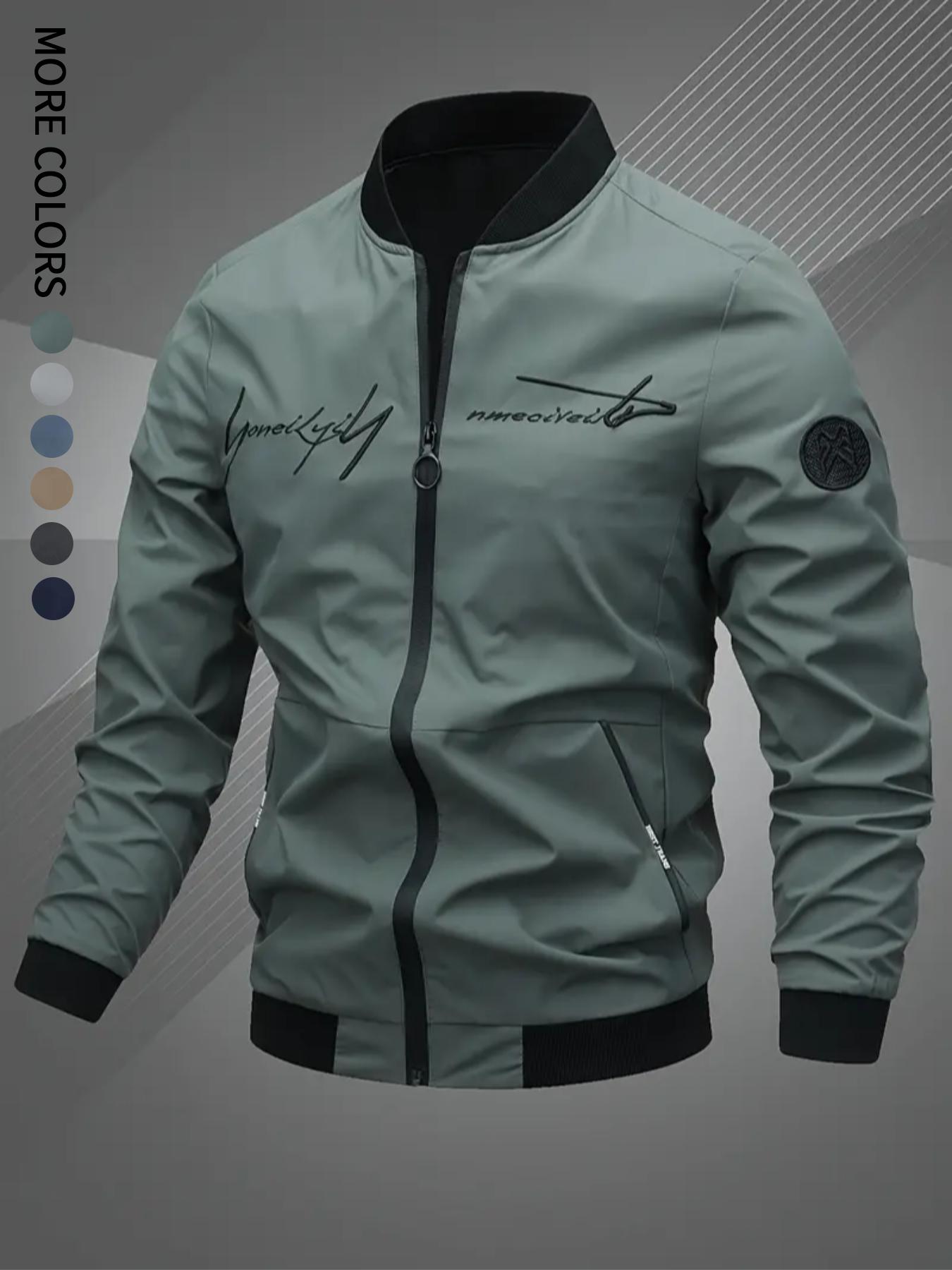 Men's Casual Windproof Jacket Outdoor Mountaineering Camping Polyester Personalized Letter Embroidered Pilot Jacket Beige Grey Qh Long Sleeve Zippers