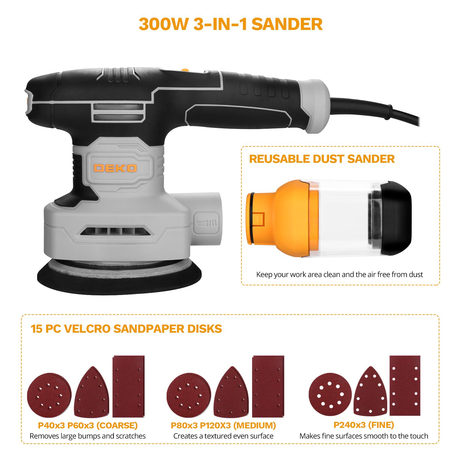 DEKO 3-in-1 300W Electric Orbital Sander Tool Speeds Adjustable Dust Collection Sandpapers For Wood Home Improvement DIY Projects Gift Buffing Machine Springtok Portable Polishing