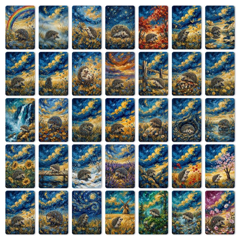 36-sheet cute watercolor hedgehog scenery art card set, cross-border new style, perfect for gift giving, blessing messages, greeting cards