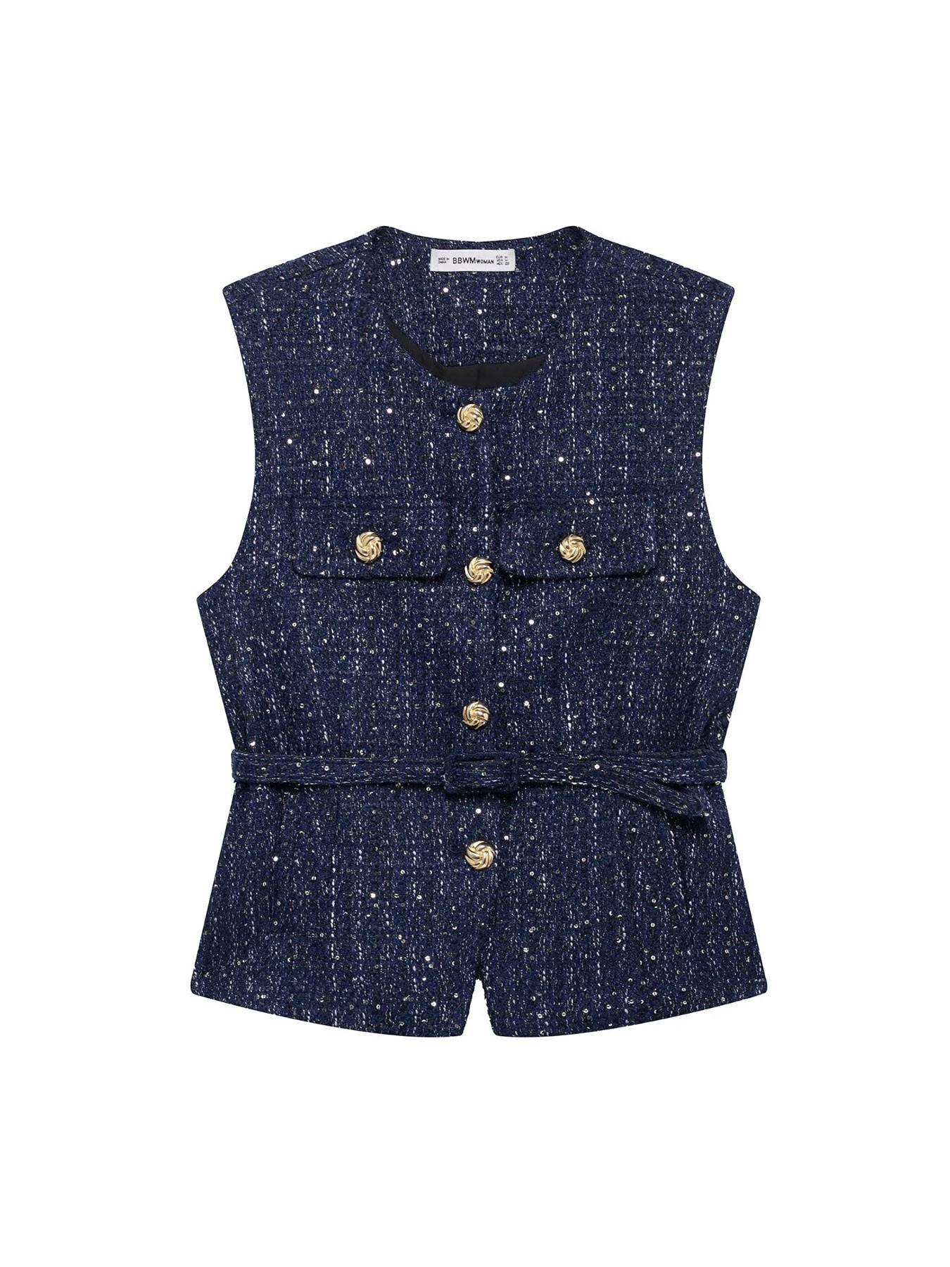 Women's Elegant Belted Sequined Vest, Round Neck Sleeveless Single Button Fitted Jumper, Vintage Fashion Commuter Style, Casual Daily Wear