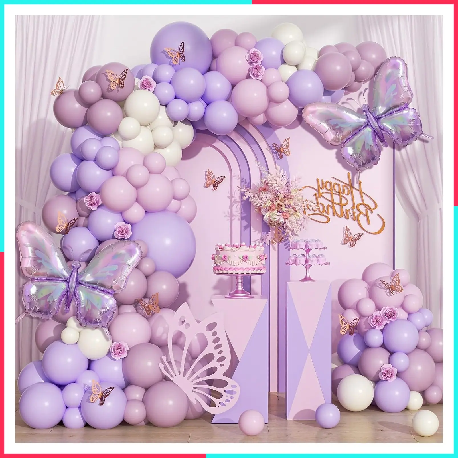 128pcs Pink Purple Butterfly Balloon Arch with Sand White Purple Balloons