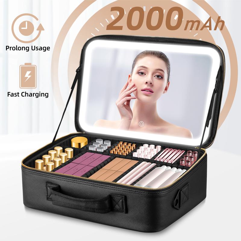 Viral Plus Size Travel Makeup Bag with Lighted Mirror  Waterproof Cosmetic Train Case with Three-color Light Adjustable Dividers Must-Have Organizer for Makeup Lovers Perfect Gift for Her