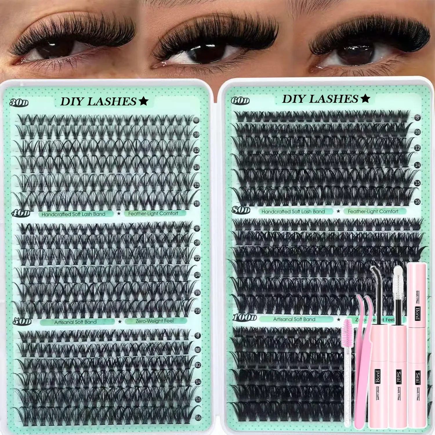 Pupilpop Lash Clusters Kit 708Pcs Eyelash Clusters Kit Wispy Cluster Eyelash Extensions 30D+40D+50D+60D+80D+100D individual lashes D Curl Lash extension Kit Bond and Seal and Tweezers 10-16mm