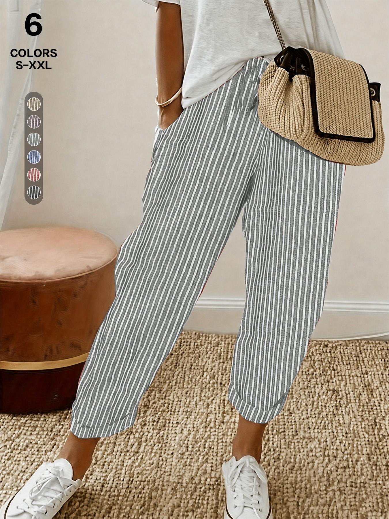 Women 2026 New Arrival Vertical Striped Linen Blend Cropped Pants, High Waist Drawstring Cuffed Casual Capri Trousers with Pocket, Summer Loose Fit Beach Everyday Jogger Pants, All Season, Casual Style Bottoms