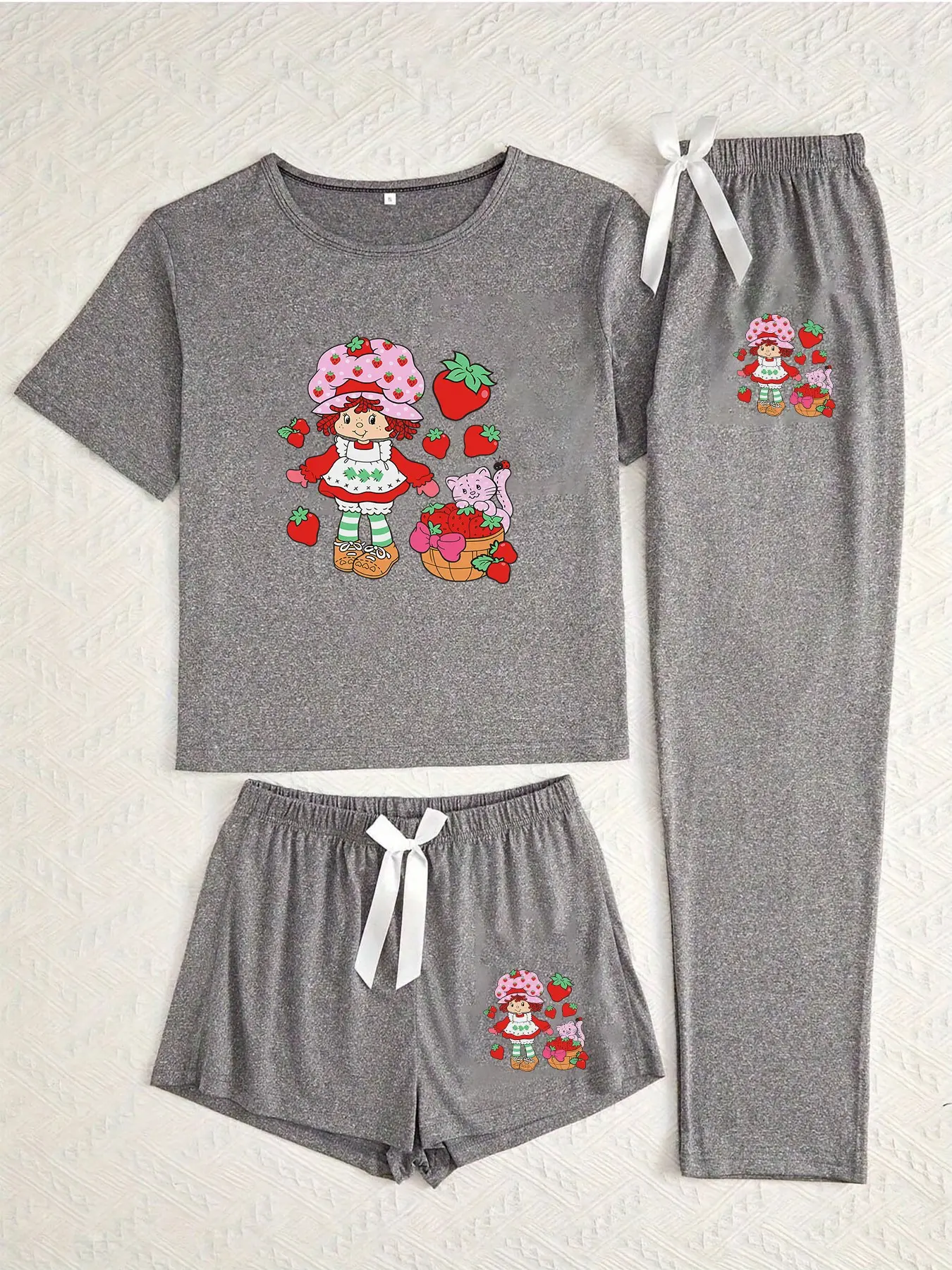 Three-Piece Pajama Set for Women, Cartoon Strawberry Print, Loose-Fitting, Casual Style, All Seasons, Random Print Design, Loungewear