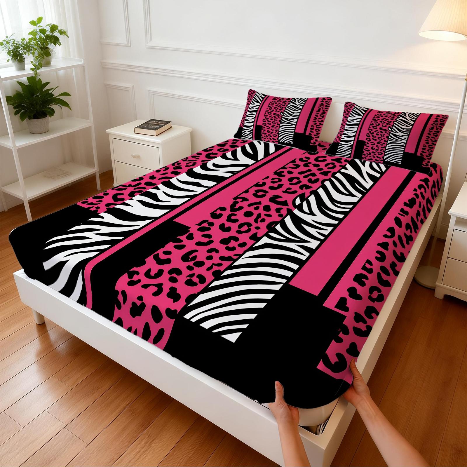 3Pcs Sweet Cool Leopard Zebra Print Fitted Sheet Set, Color Block Patchwork Print, Durable Wrinkle Resistant No Pilling, Perfect for Graduation Season Rental Room Personalized Bedroom Arrangement