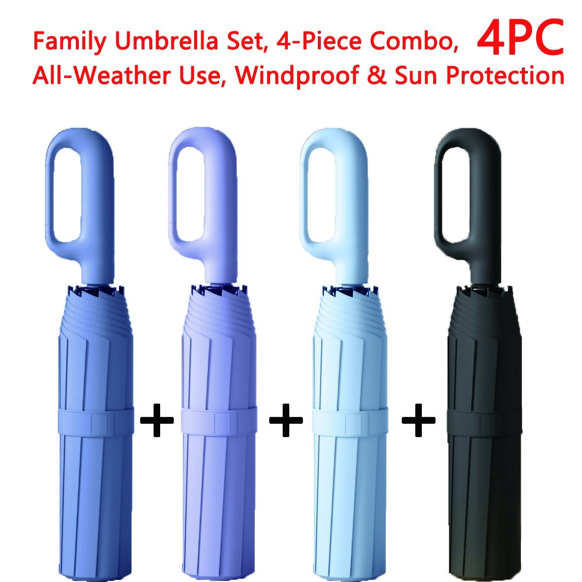 Creative Ring Handle 10k Dual Bone Rain Umbrella Set, Windproof Waterproof, Portable Design, Automatic Opening, Four-Piece Combination, Folding Umbrella, Rainproof Umbrella