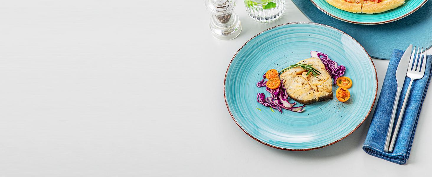 vancasso Stoneware Dinnerware Set Bonita Blue 18-Piece Service for 6, Handpainted Spirals Pattern Stoneware Combination Set with 10.6in Dinner Plate, 7.5in Dessert Plate and 21oz Soup Bowl