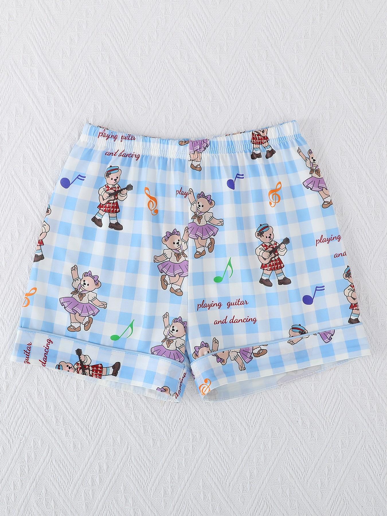 2-Piece Kids' Fire-Resistant Pajama Set, Short Sleeve Button Front Top & Shorts, Cartoon Bear Pattern, All Seasons, Boys & Girls