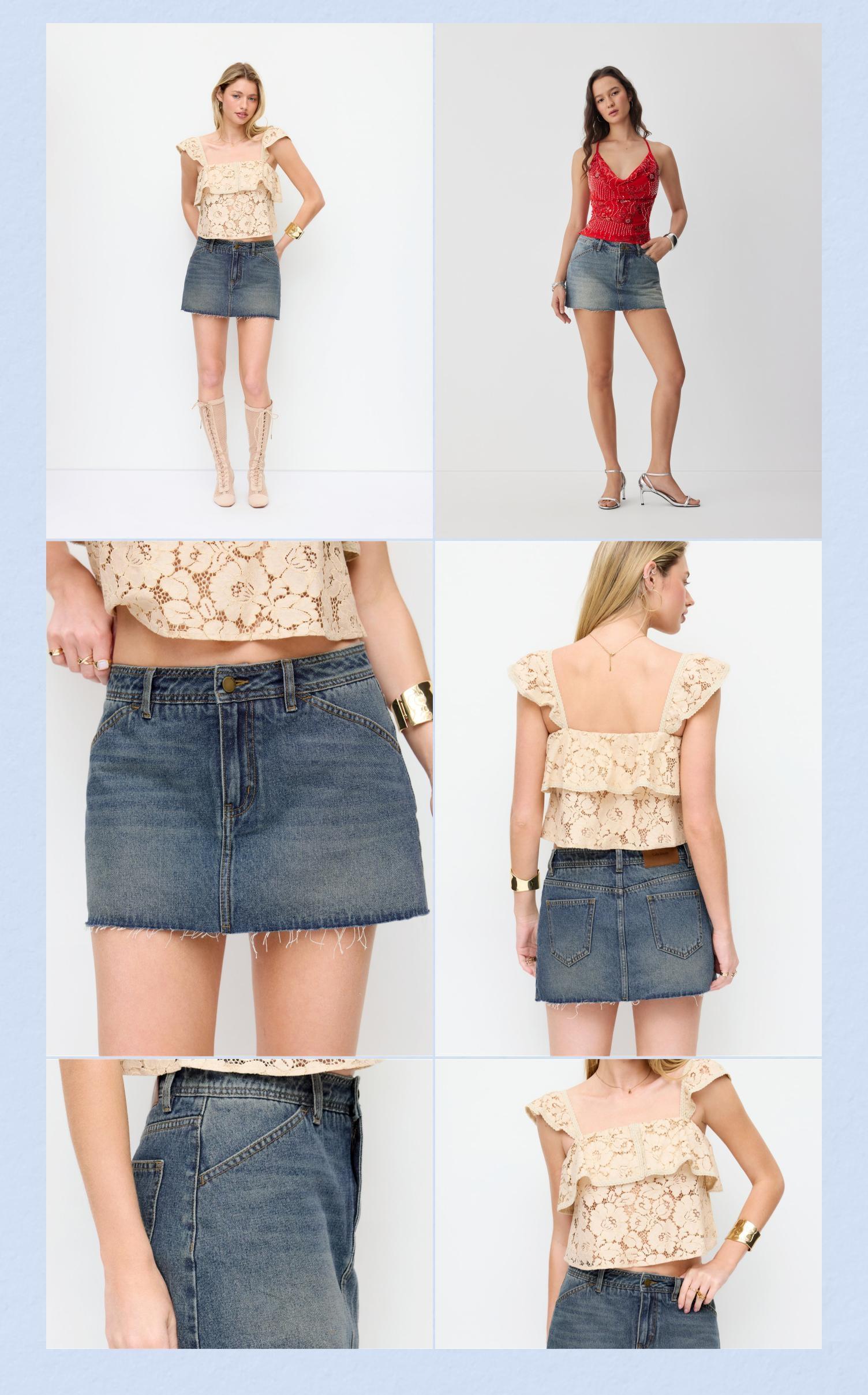 Cider Washed Denim Low Rise A-line Mini Skirt With Metal Detail