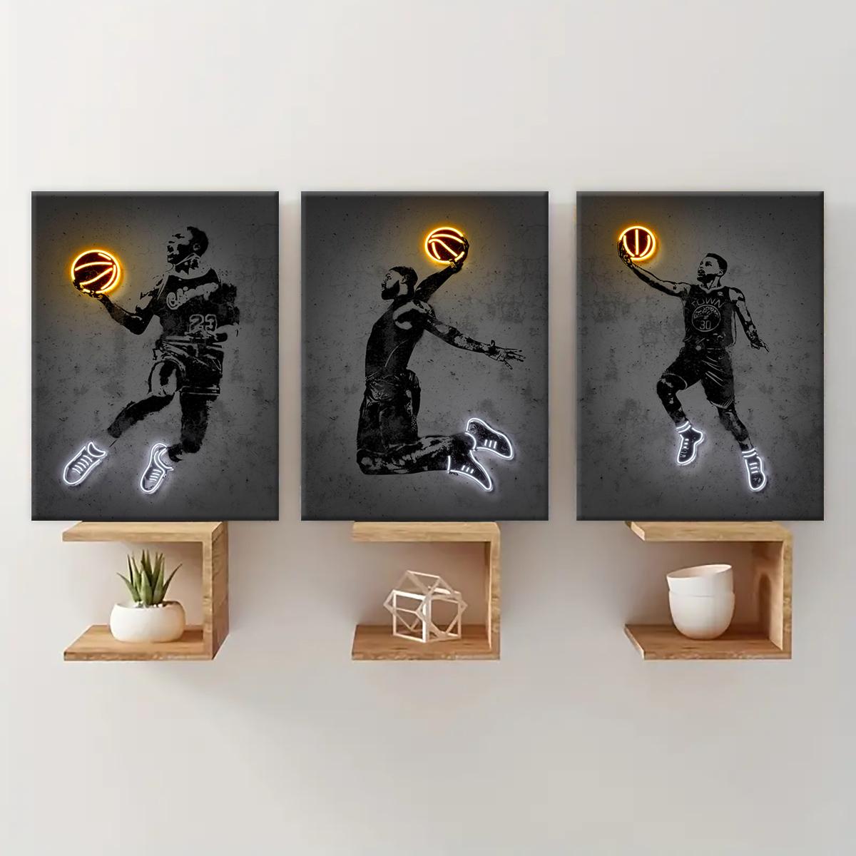 Basketball Player Pattern Canvas Painting with Frame, 3 Counts Basketball Fan Poster, Wall Art Decor for Home Living Room Bedroom Office, Modern Home Decor