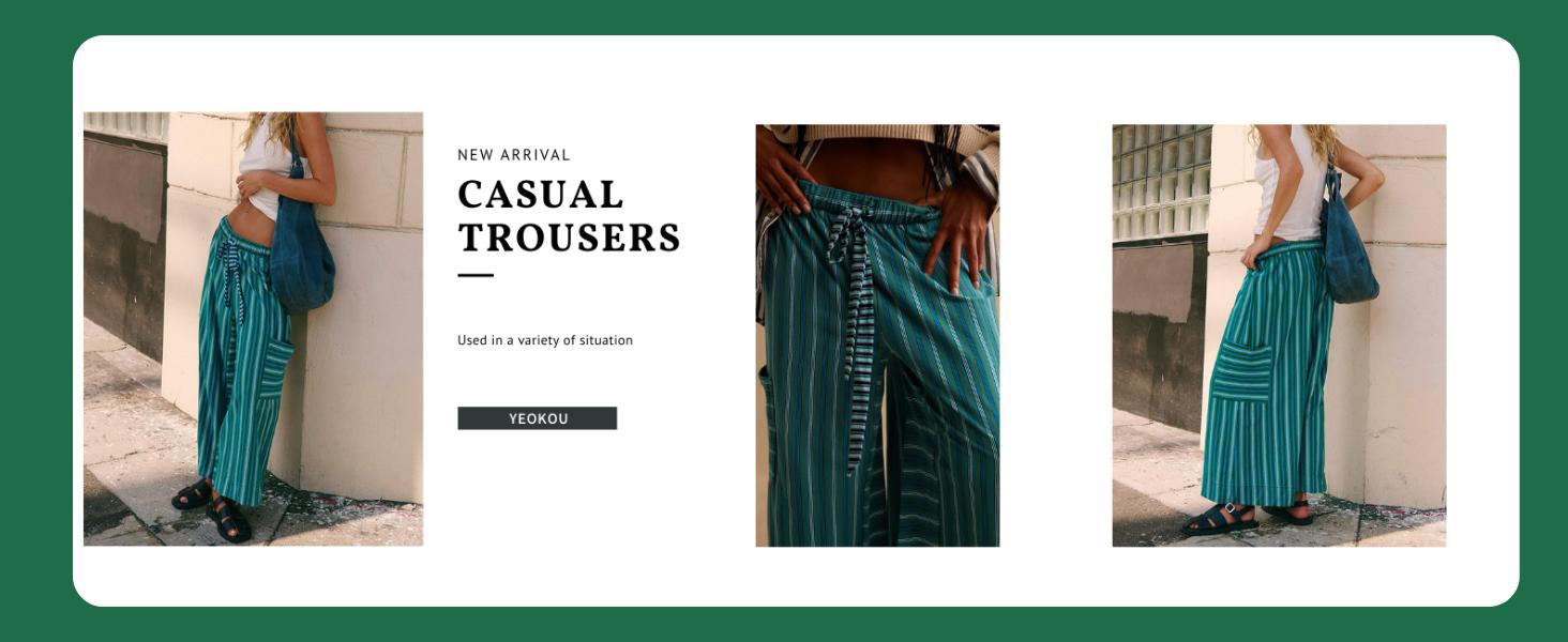 YeoKou Women  Drawstring Striped Pants Loose Wide Leg Lounge Pants Casual Palazzo Pants Trousers with Pockets Bottom Oversize