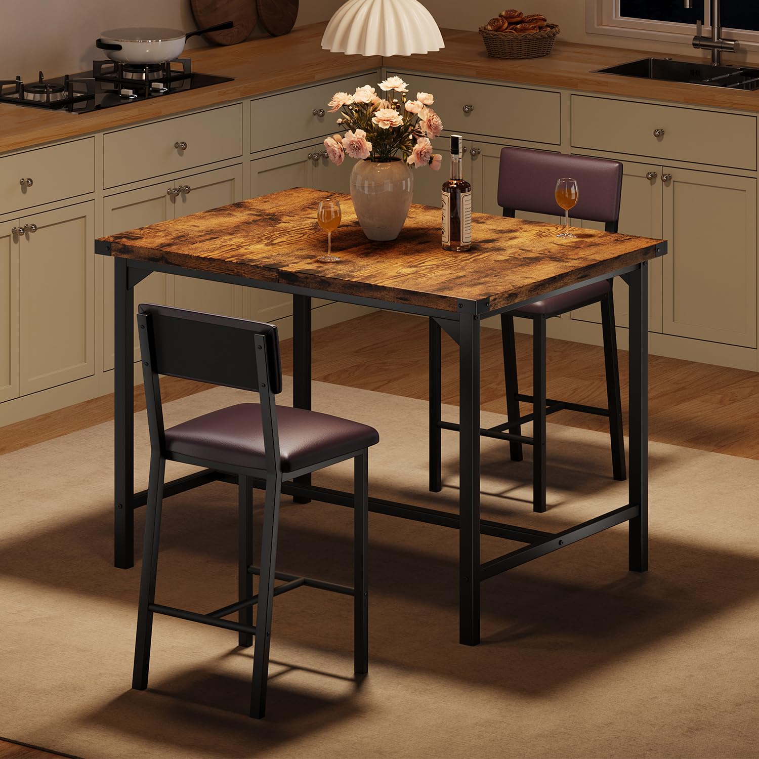 Dining Table Set for 2 w/Counter Height Table & 2 Upholstered Bar Stools, 3-Piece Kitchen Table Set with Footrest & Corner Protector, for Kitchen Room, Apartment