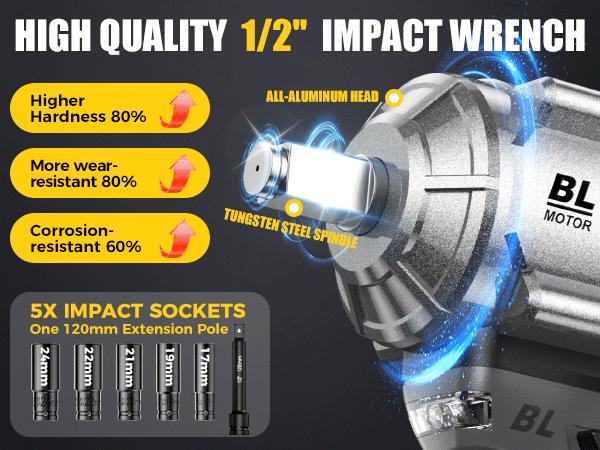 SOARFLY 1200NM (900FT-LBS) Cordless lmpact Wrench, For Automobiles, Trucks, 2x 4.0Ah Batteries, Fast Charger, 3000RPM, 5 Sockets & 1 Extension Bar