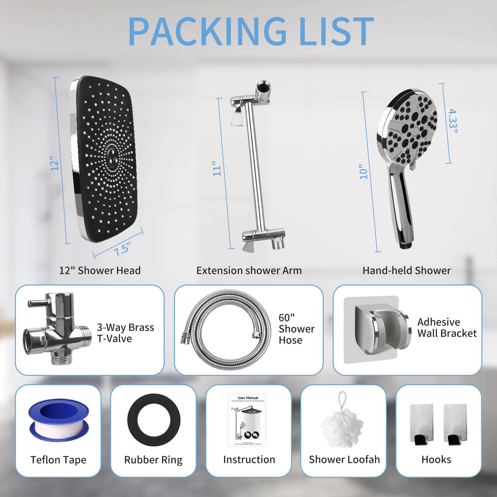 PHANCIR 12" High-Pressure Rain Shower Head, Adjustable Extension Arm, Anti-Clog Nozzles, 3+5+2 Spray Settings Handheld Shower Modern