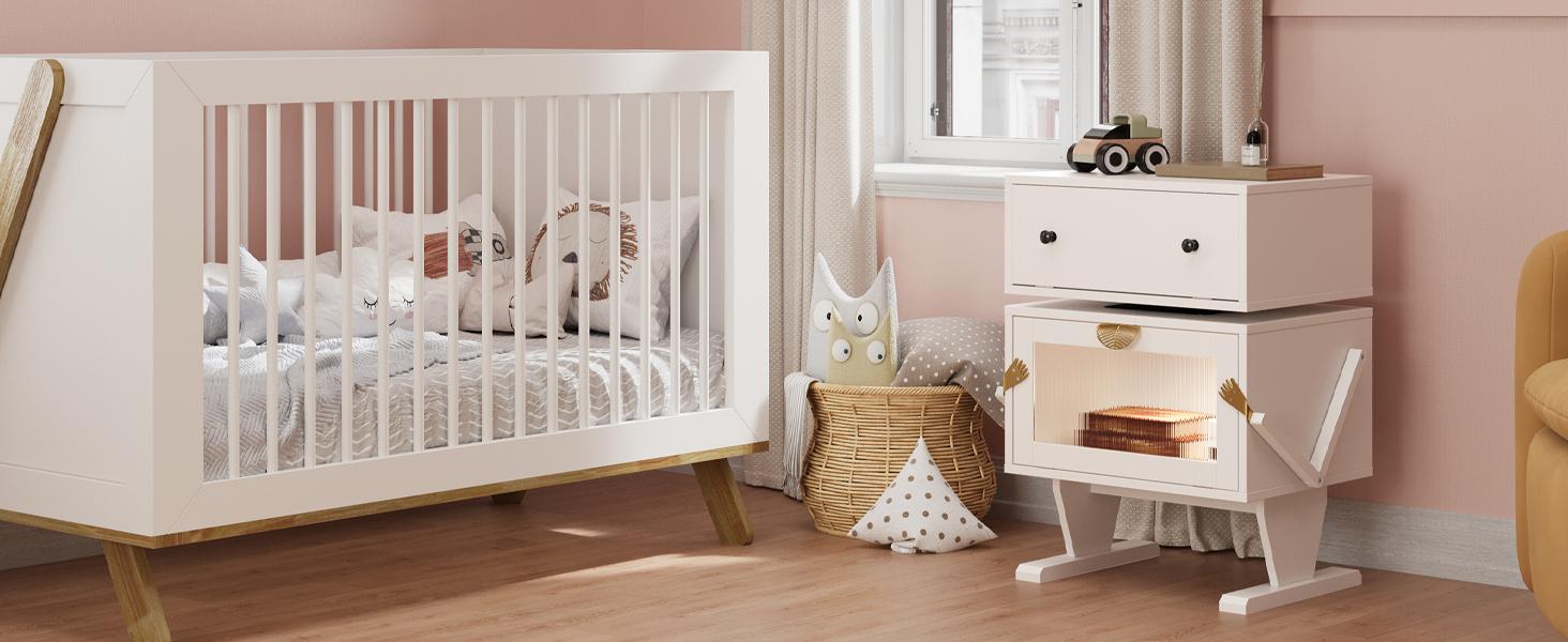 RoyalCraft Robot Nightstand with LED Light Strips, End Table with 360 Degree Rotating Drawer, Modern Design Bedside Table with Glass Door Storage, Wood Cabinet for Bedroom, Home Office Furniture Organize