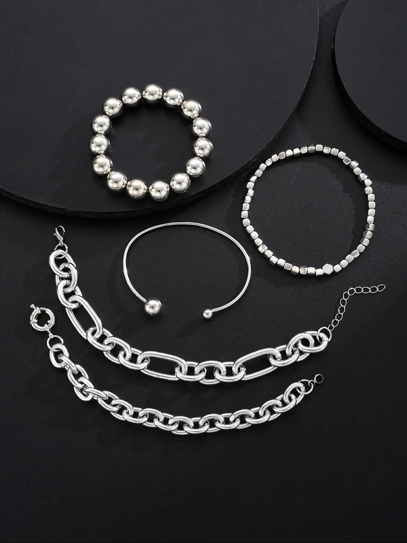 Set of 5 Casual Hand Chains for Women & Men, Zinc Alloy Open Ring Bracelets, Trendy Stackable Bangles, Perfect Daily Wear Accessories & Ideal Birthday Gifts