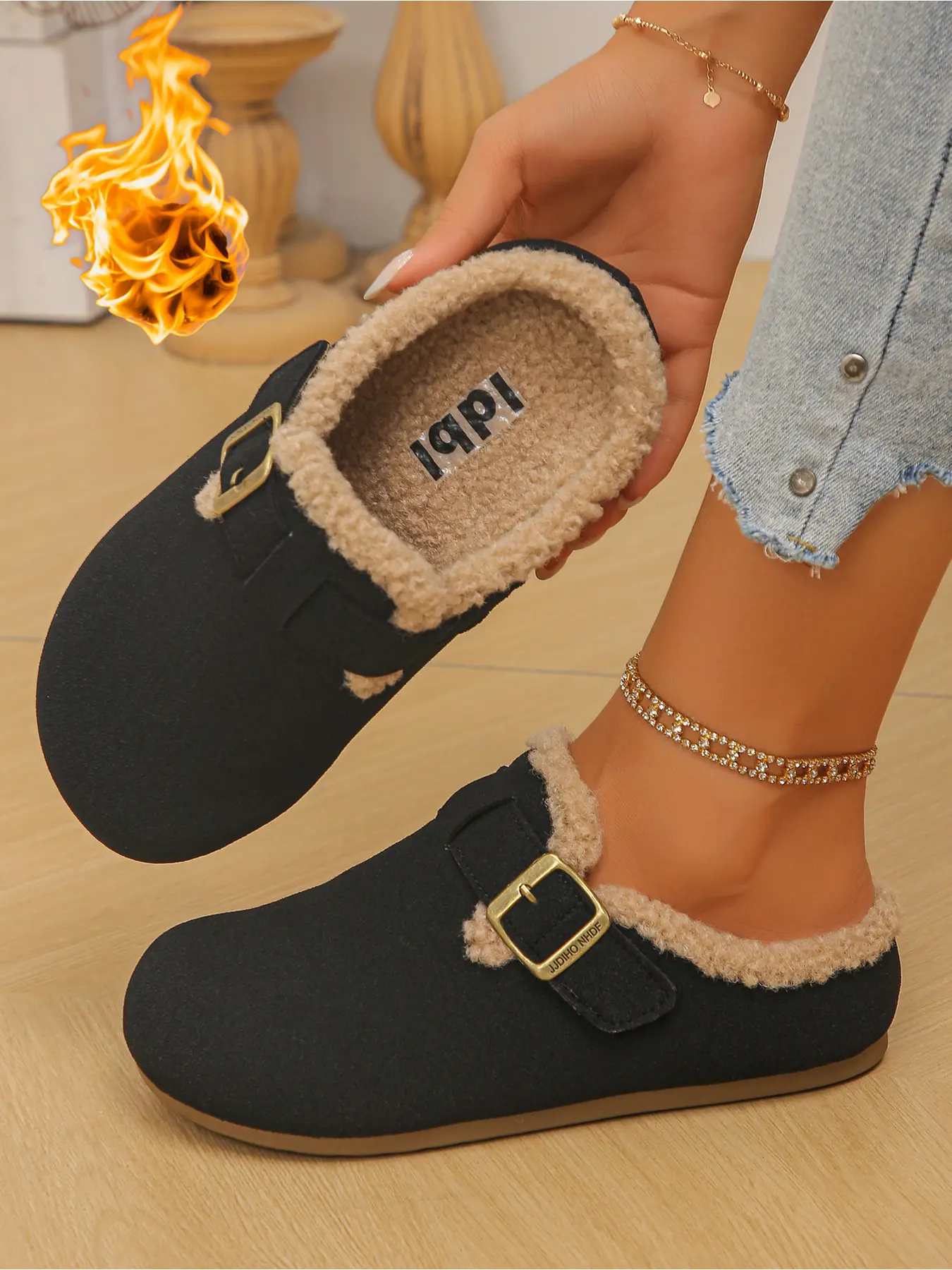 Ladies Warm Plush Lined Backless Buckle Mules Faux Suede Upper Metal Buckle Decor Furry Fur Collar Slip On Winter Flat Slippers Comfort Casual Shoes For Home Street Daily Outfit Mule Flats