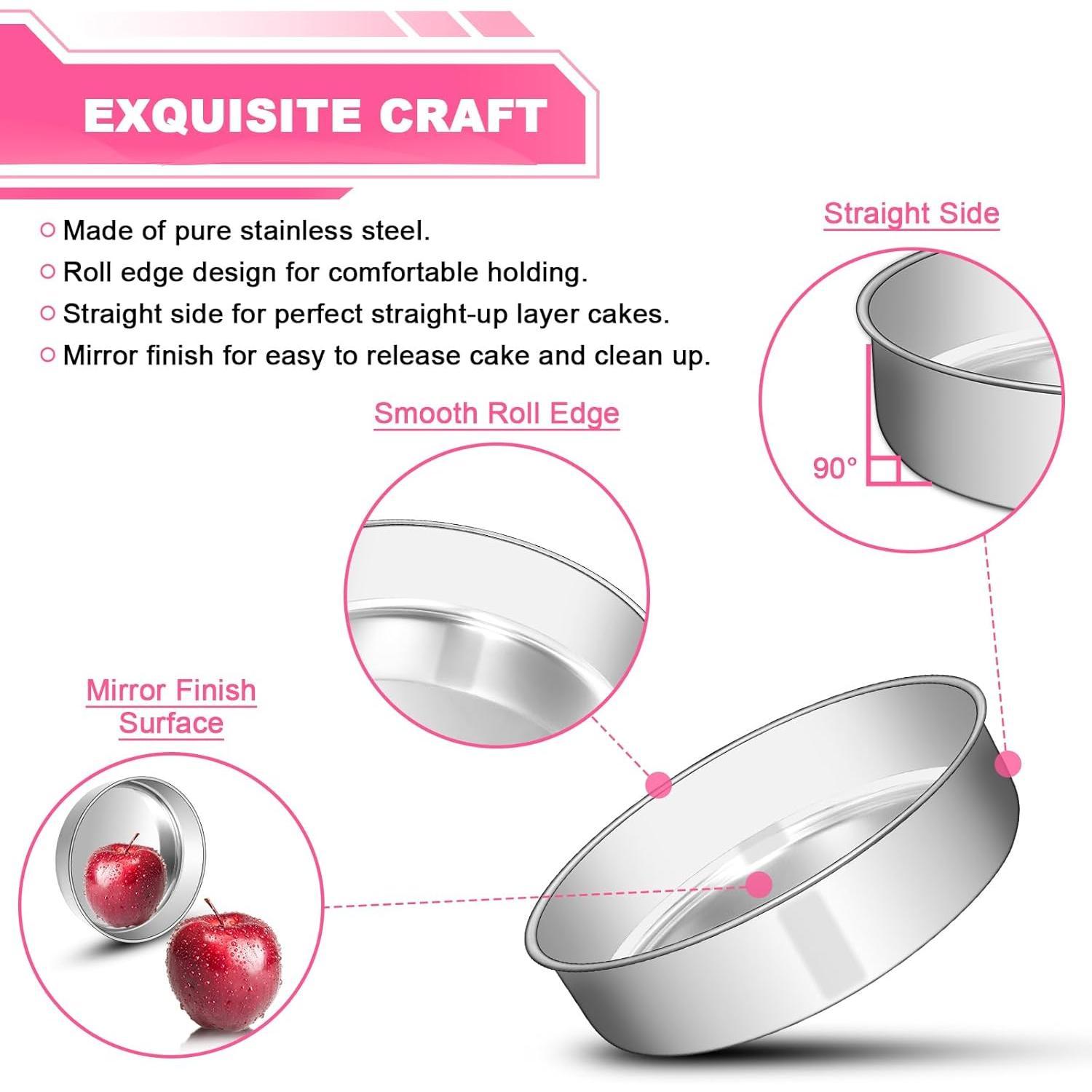 8 Inch Cake Pan Set of 2, Stainless Steel Round Layer Cake Baking Pans Tins,  & , Leak-proof & Easy Clean & Dishwasher Safe