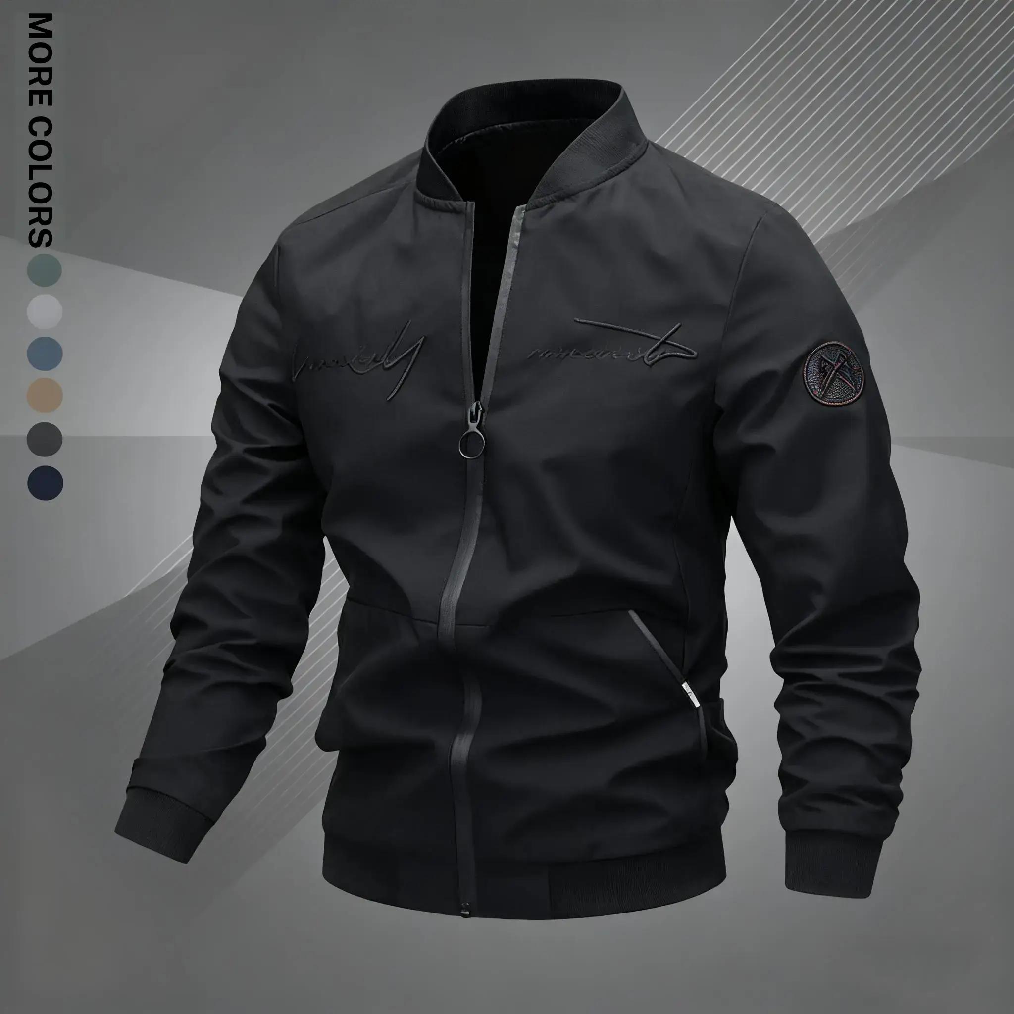 Men's Regular Fit Letter Embroidered Zip Up Pilot Jacket, Autumn Winter Casual Long Sleeve Windproof Baseball Collar Coat, Men's Everyday Wear, Men's Jacket, Black Casual Outdoor Jacket, Suitable for Work, Travel, and Daily Use Machine Washable Polyeste