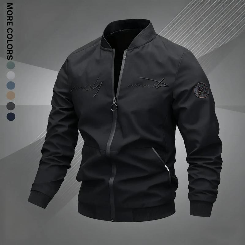 Men's Regular Fit Letter Embroidered Zip Up Pilot Jacket, Autumn Winter Casual Long Sleeve Windproof Baseball Collar Coat, Men's Everyday Wear, Men's Jacket, Black Casual Outdoor Jacket, Suitable for Work, Travel, and Daily Use Machine Washable Polyeste