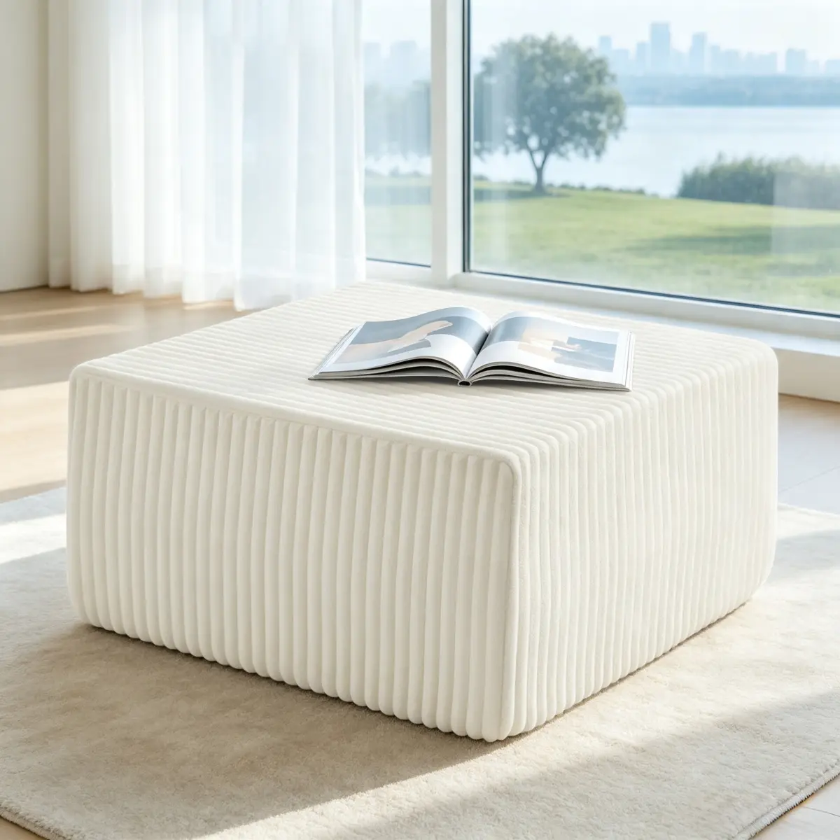 Square Striped Corduroy Modular Ottoman Cube, Versatile Upholstered Foot Stool for Living Room-Beige