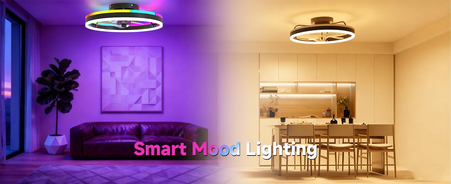 Smart RGB Ceiling Fan with Lights, 20" Modern Flush Mount Ceiling Fan Light, Dual Lighting Mode Low Profile LED Fan with Remote/APP Control, Works with Alexa & Google, for Bedroom Indoor Color Changing