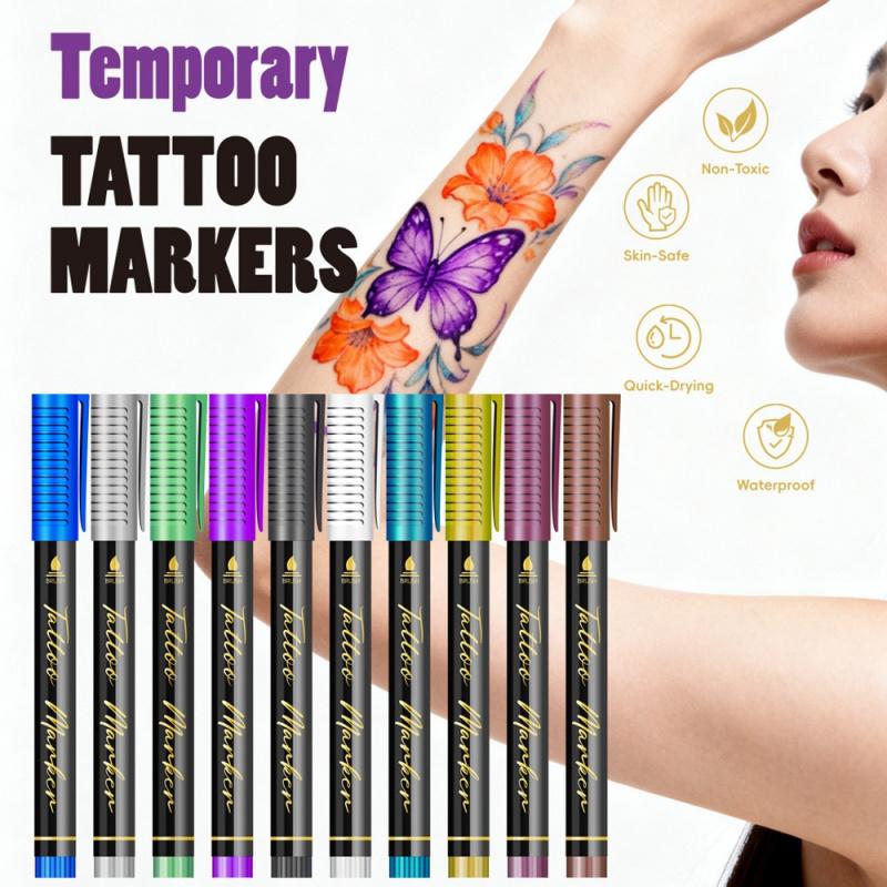 Temporary Tattoo Markers,10/12/18/24 Colors Metallic Markers,Tattoo Stencil, Cosmetic Tattoos Pens,Flexible Brush Tip, Bright colors, Face Paint Kit Cosmetic Quality,Christmas gifts