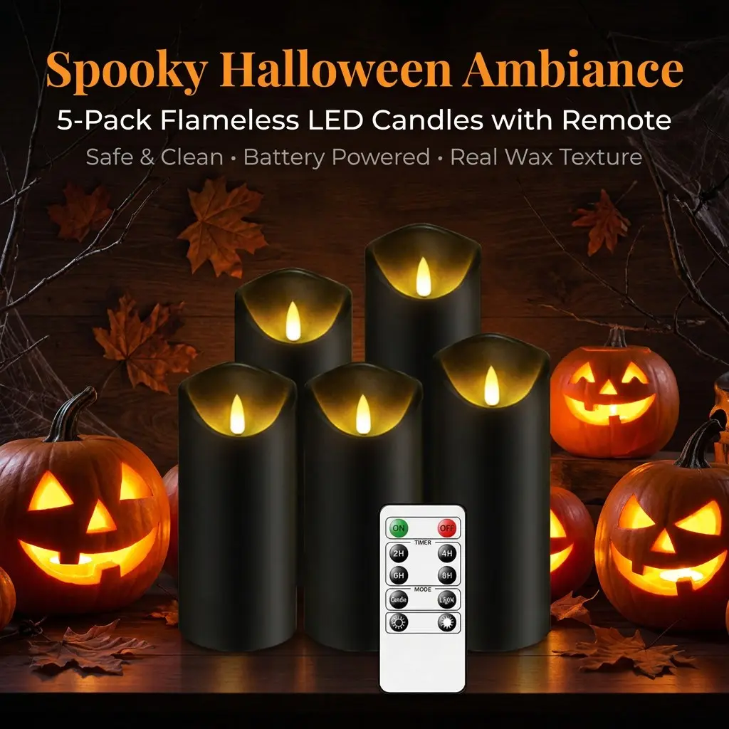 5pcs Black LED Tilted-Edge Flameless Candles, Battery-Operated (2AA Each, Not Included), Remote with Dimming & Timer (Battery Included), Simulated Candlelight for Christmas, Halloween, New Year, Restaurants, Bars, Prayer, Home Decor, Smoke-Free & Safe.