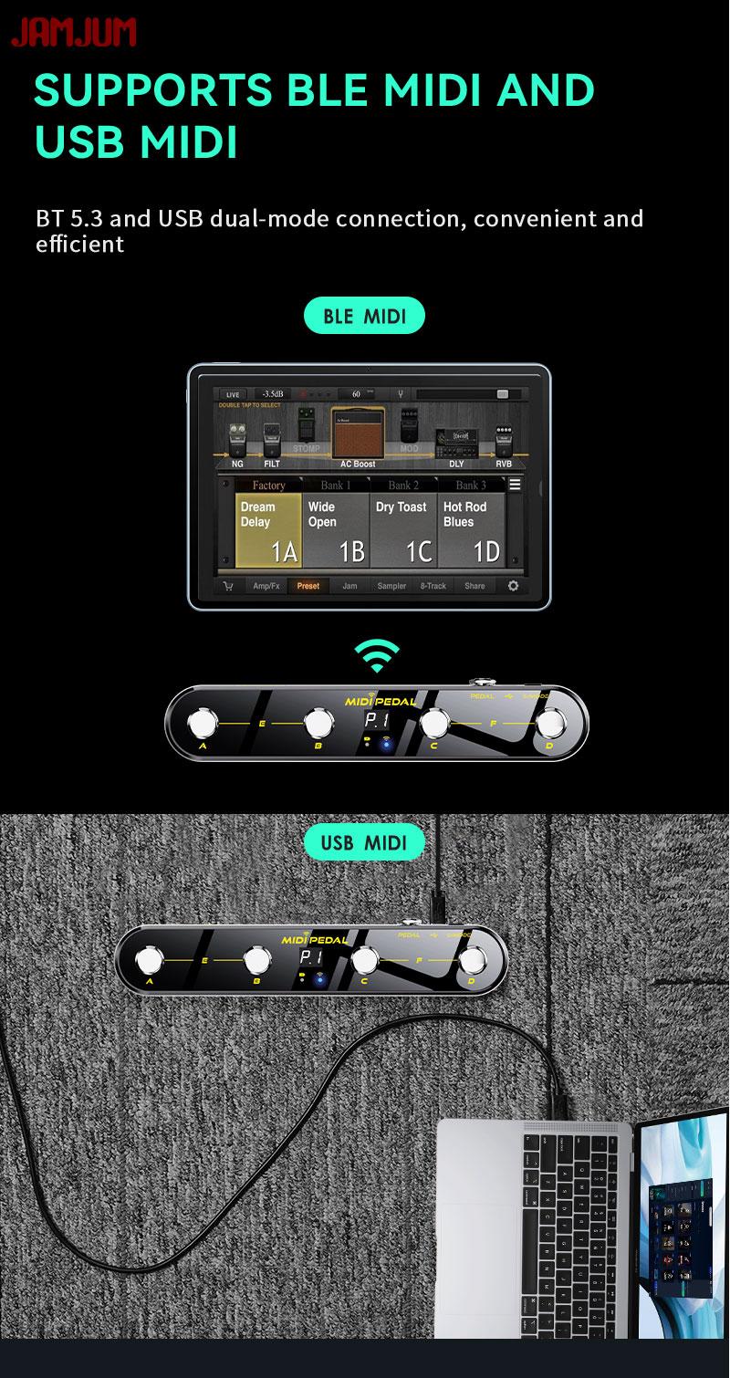 JAMJUM Wireless Midi Control Pedal with 4 Buttons, USB Rechargeable Battery, with APP, Portable Design for Music Production & Performance