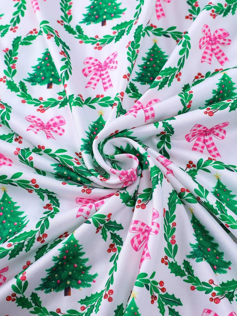 2-piece set full of bow garlands, Christmas tree prints, Christmas long sleeves, long pants, striped cuffs, collar, top, small pockets, elastic waistband, button closure, suitable for all seasons home wear, Loungewear, pajamas