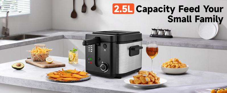SUSTEAS 1500W deep fryer with basket & temp control. 2.5QT/1.5QT non-stick pots, removable lid - easy-clean for crispy perfection! oil capacity Electric Temperature-Controlled