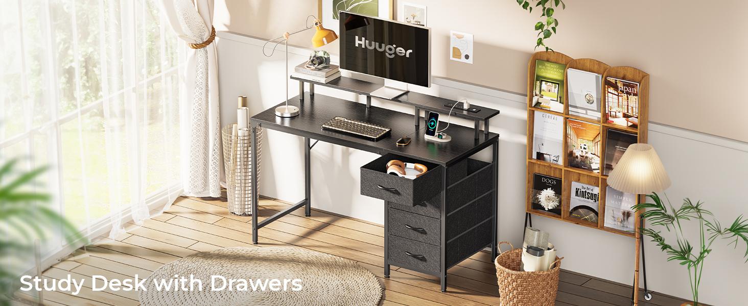 Huuger Computer Desk with Power Outlets and LED Lights, Gaming Desk with 4 Drawers, Office Desk with Monitor Stand, USB-C Port