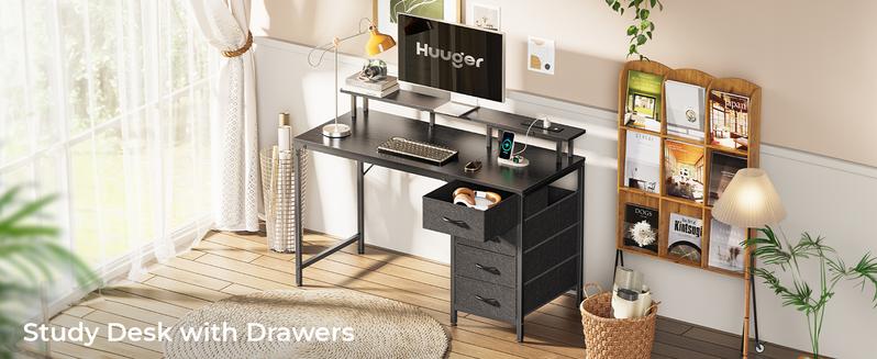 Huuger Computer Desk with Power Outlets and LED Lights, Gaming Desk with 4 Drawers, Office Desk with Monitor Stand, USB-C Port