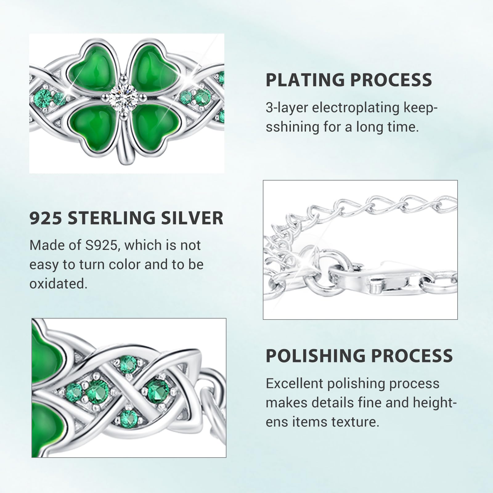 DRINSPER S925 Four-leaf Clover Bracelet Dainty Lucky Clover Bracelet with Cubic Zirconia Decor Celtic Knot Design Adjustable Bracelet St Patricks Day Fashion Green Love Diamond Crystal Jewelry Birthday Gift