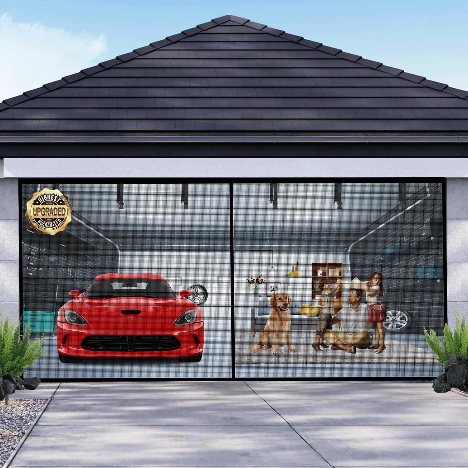 Garage Door Screen for 1  Garage 8x7FT,  Screen Garage with Retractable Fiberglass Mesh and Heavy Duty Weighted Bottom, Easy Assembly & Pass, Hands Free Screen Door Kit