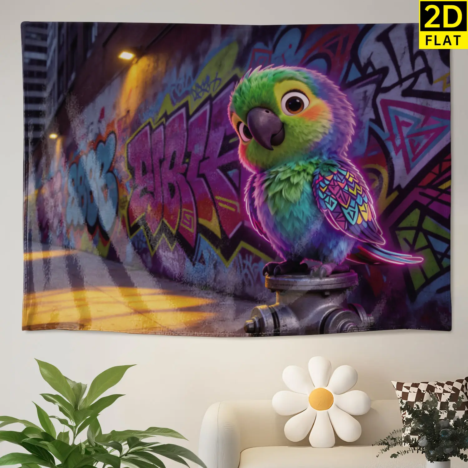 Colorful Neon Graffiti Parrot Wall tapestry,Large size Printed Horizontal Tapestry blanket,Polyester Fabric Wall Hanging for living room,bedroom,No Installation Required,Indoor,Outdoor,Gift for Family and Friends