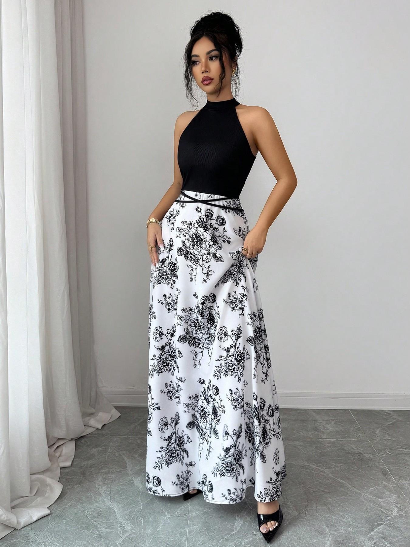 Women's Summer New French Patchwork Sleeveless Dress, Unique Design Floral Print Backless Colorblock Slim Waist Dress, Elegance, Chic, Fashionable and Stylish, Elegant Summer Dress