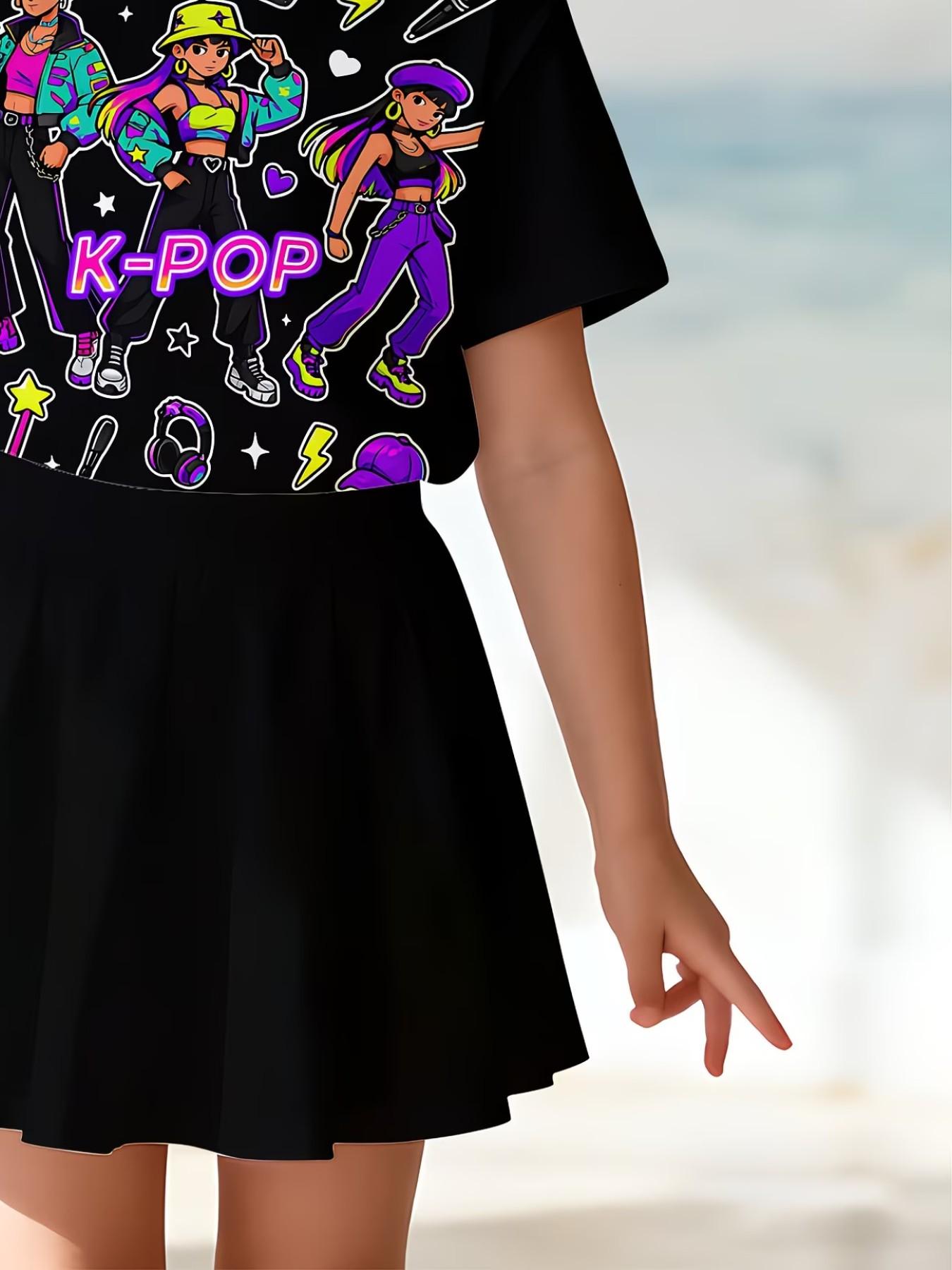 Girls' 3D Cartoon Print Top and Skirt Set, Casual Slim-Fitting Summer, Round Neck Short Sleeve, Daily Wear