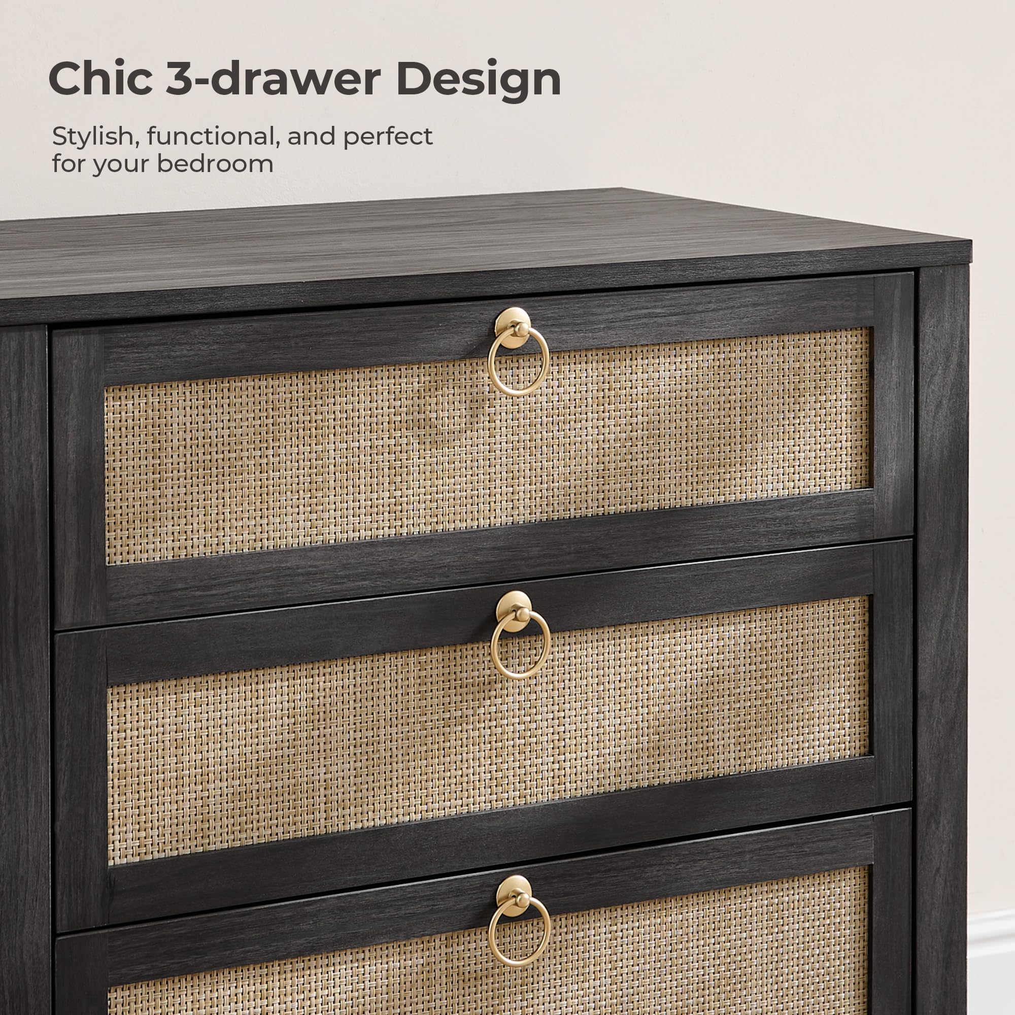 SICOTAS White Night Stand with Drawers - 15.55"D x 26.78"W x 25.67"H Rattan Bedside Table with Golden Handle, 3 Drawers Nightstand Side Table Boho Nightstand for Bedroom, Perfect for Any Bedroom, Durable and Stable