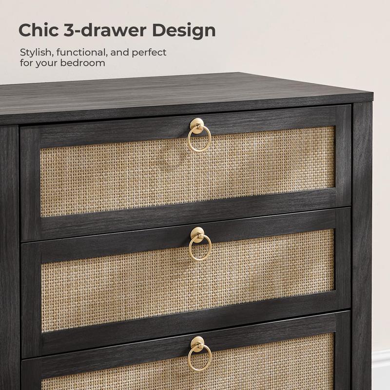 SICOTAS White Night Stand with Drawers - 15.55"D x 26.78"W x 25.67"H Rattan Bedside Table with Golden Handle, 3 Drawers Nightstand Side Table Boho Nightstand for Bedroom, Perfect for Any Bedroom, Durable and Stable