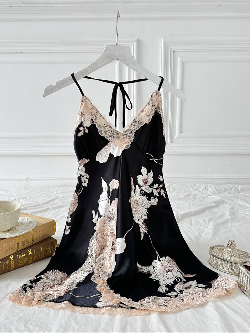 Women's Contrast Lace Split Thigh Satin Cami Nightdress, Bride's Nightgown, Elegant Criss Cross Backless Nightgown, Women's Summer Sleepwear, Summer Outfits 2024, National Day Offers